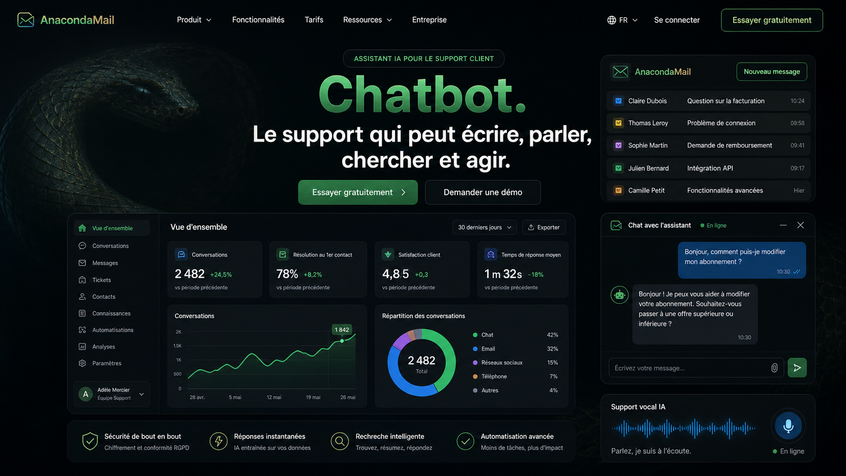 02 · AnacondaMail dark home AI-generated dark AnacondaMail homepage mockup with subtle anaconda background