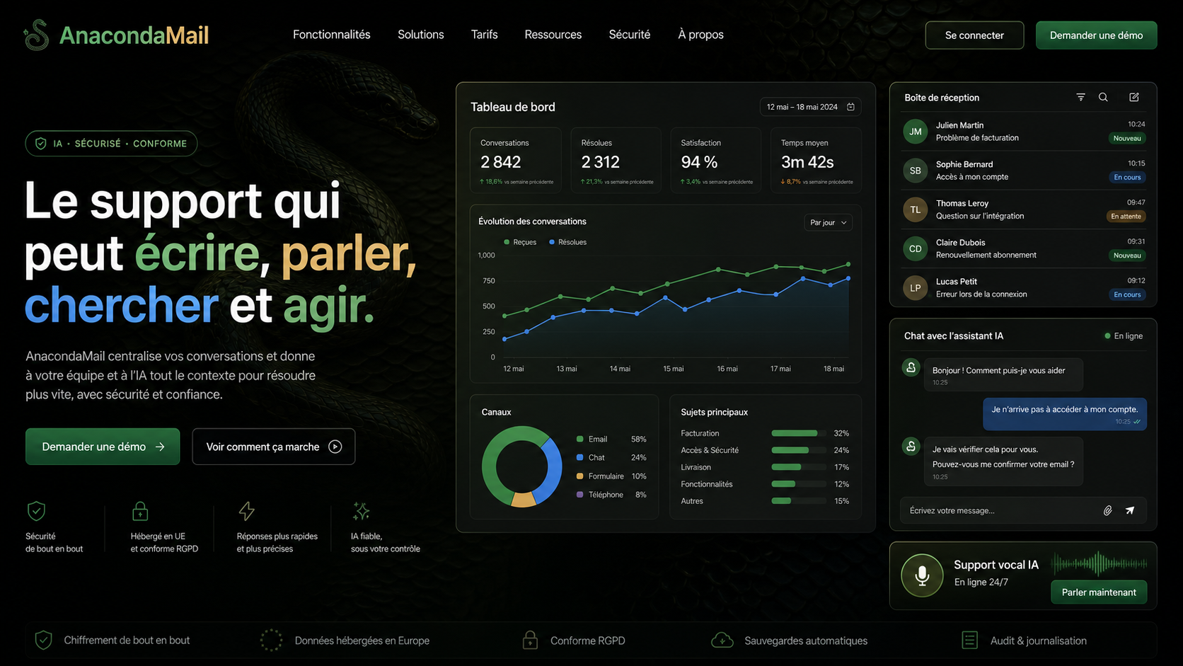 03 · AnacondaMail dark home AI-generated dark AnacondaMail homepage mockup with subtle anaconda background