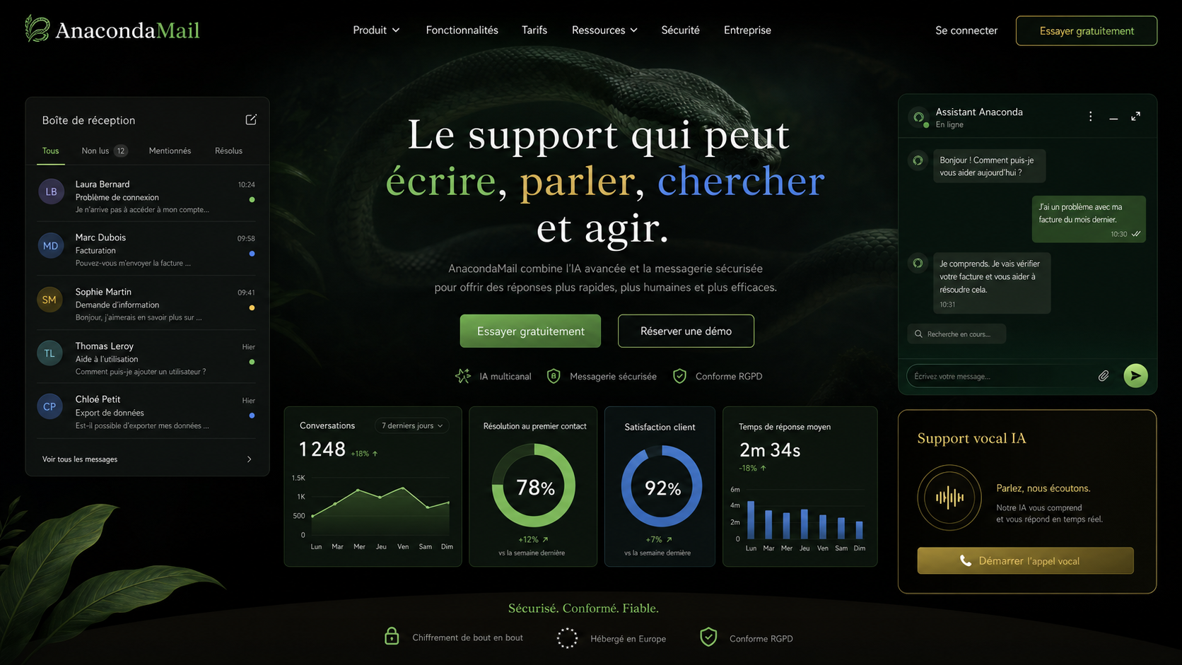 04 · AnacondaMail dark home AI-generated dark AnacondaMail homepage mockup with subtle anaconda background