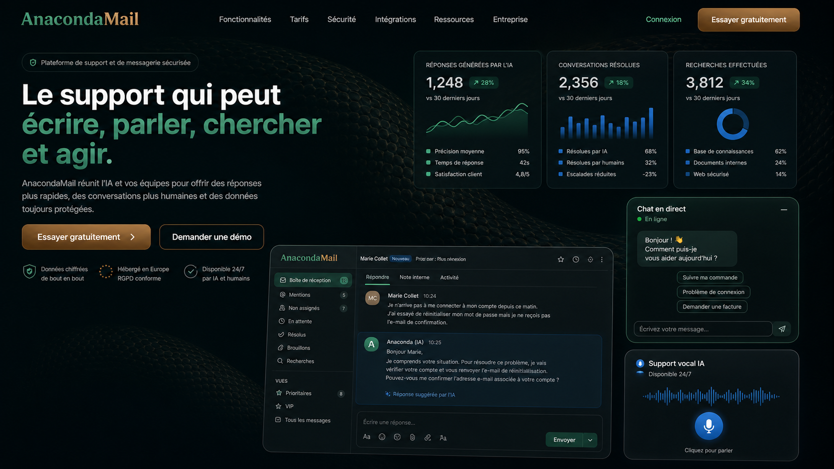 08 · AnacondaMail dark home AI-generated dark AnacondaMail homepage mockup with subtle anaconda background