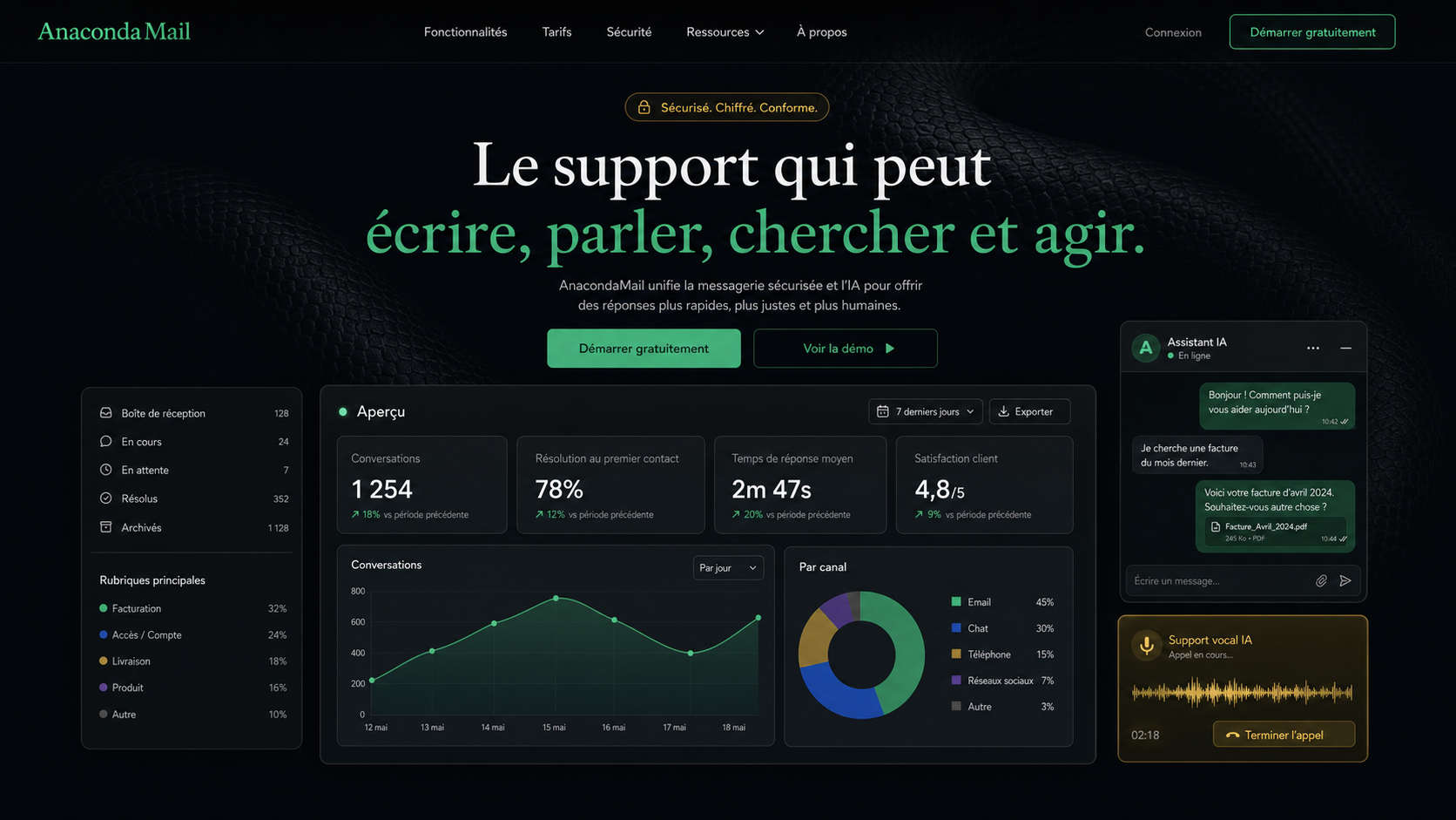 11 · AnacondaMail dark home AI-generated dark AnacondaMail homepage mockup with subtle anaconda background