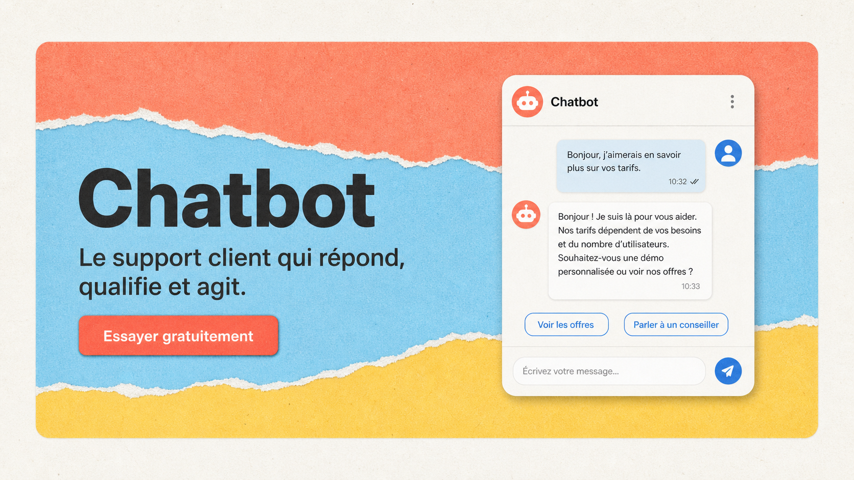 01 · Light torn paper chat AI-generated light Chatbot homepage mockup with torn paper color bands and right-side chat demo