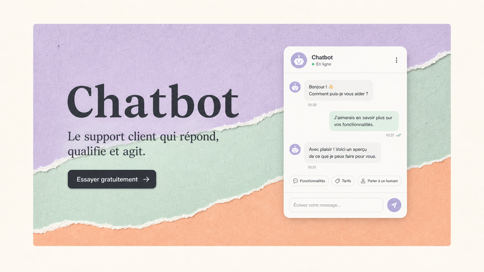 02 · Light torn paper chat AI-generated light Chatbot homepage mockup with torn paper color bands and right-side chat demo