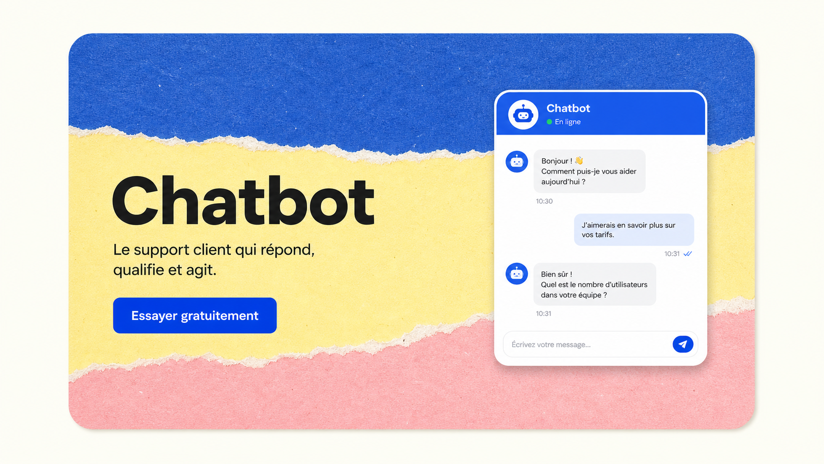 03 · Light torn paper chat AI-generated light Chatbot homepage mockup with torn paper color bands and right-side chat demo