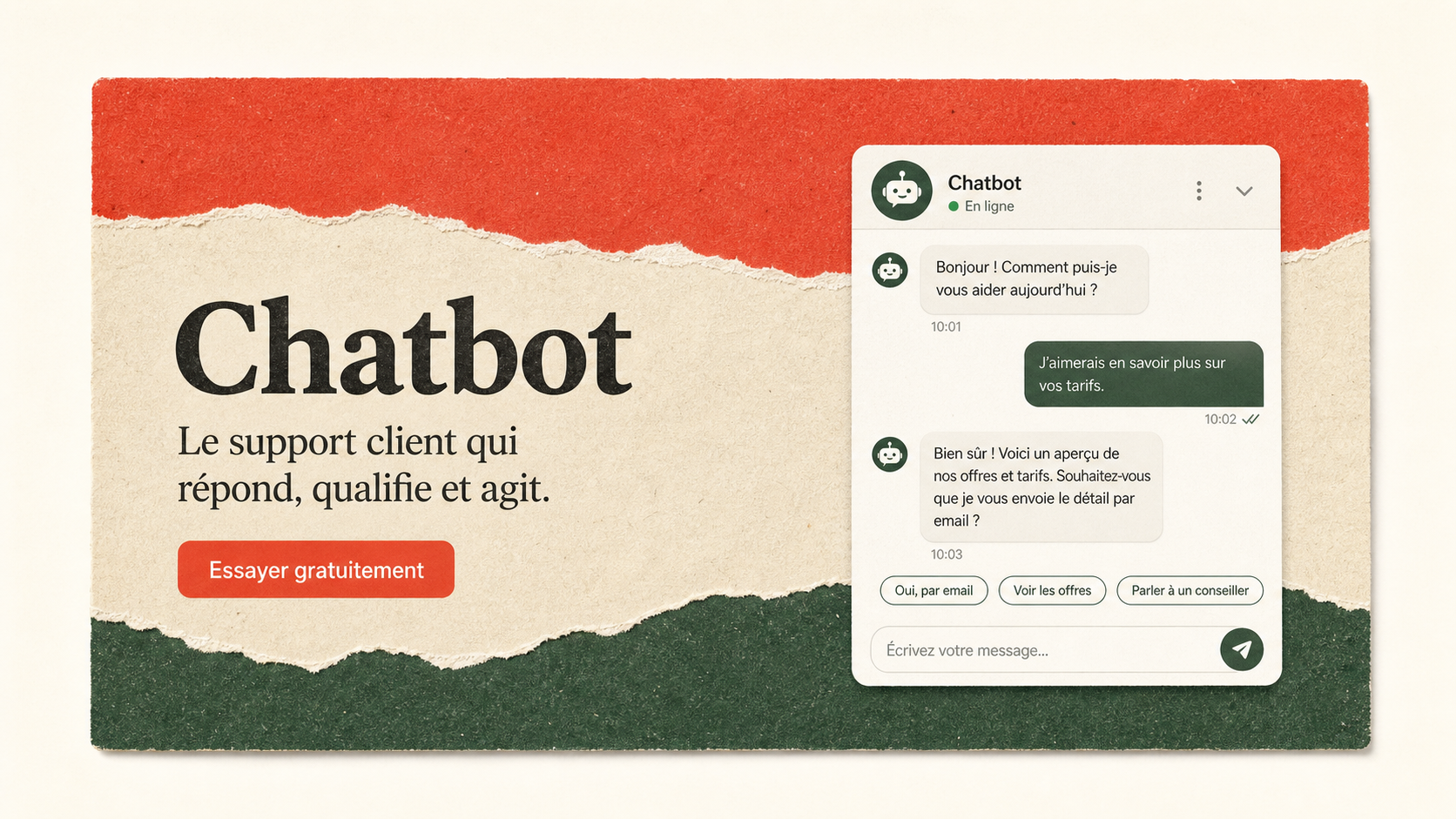 04 · Light torn paper chat AI-generated light Chatbot homepage mockup with torn paper color bands and right-side chat demo