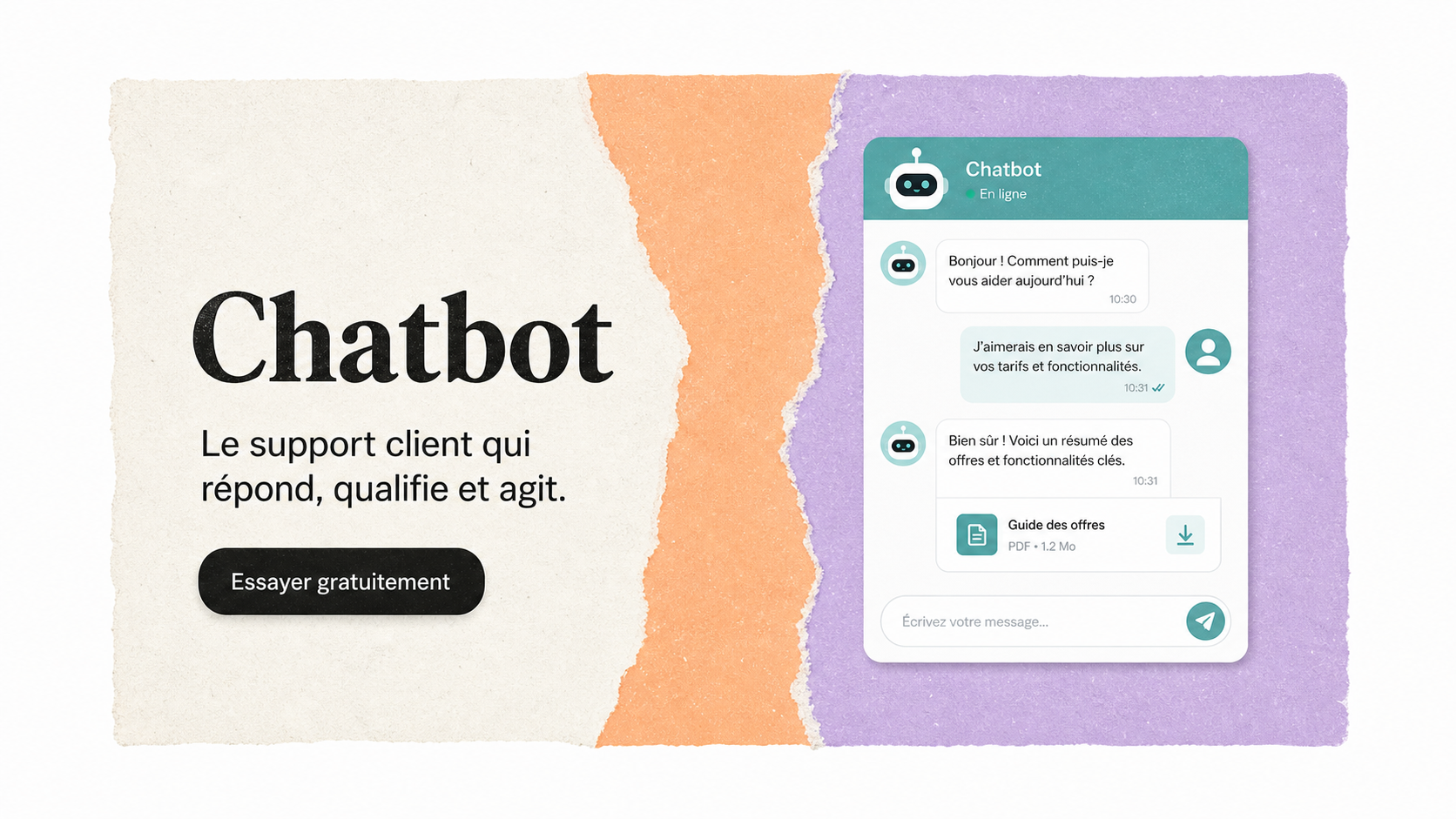 05 · Light torn paper chat AI-generated light Chatbot homepage mockup with torn paper color bands and right-side chat demo