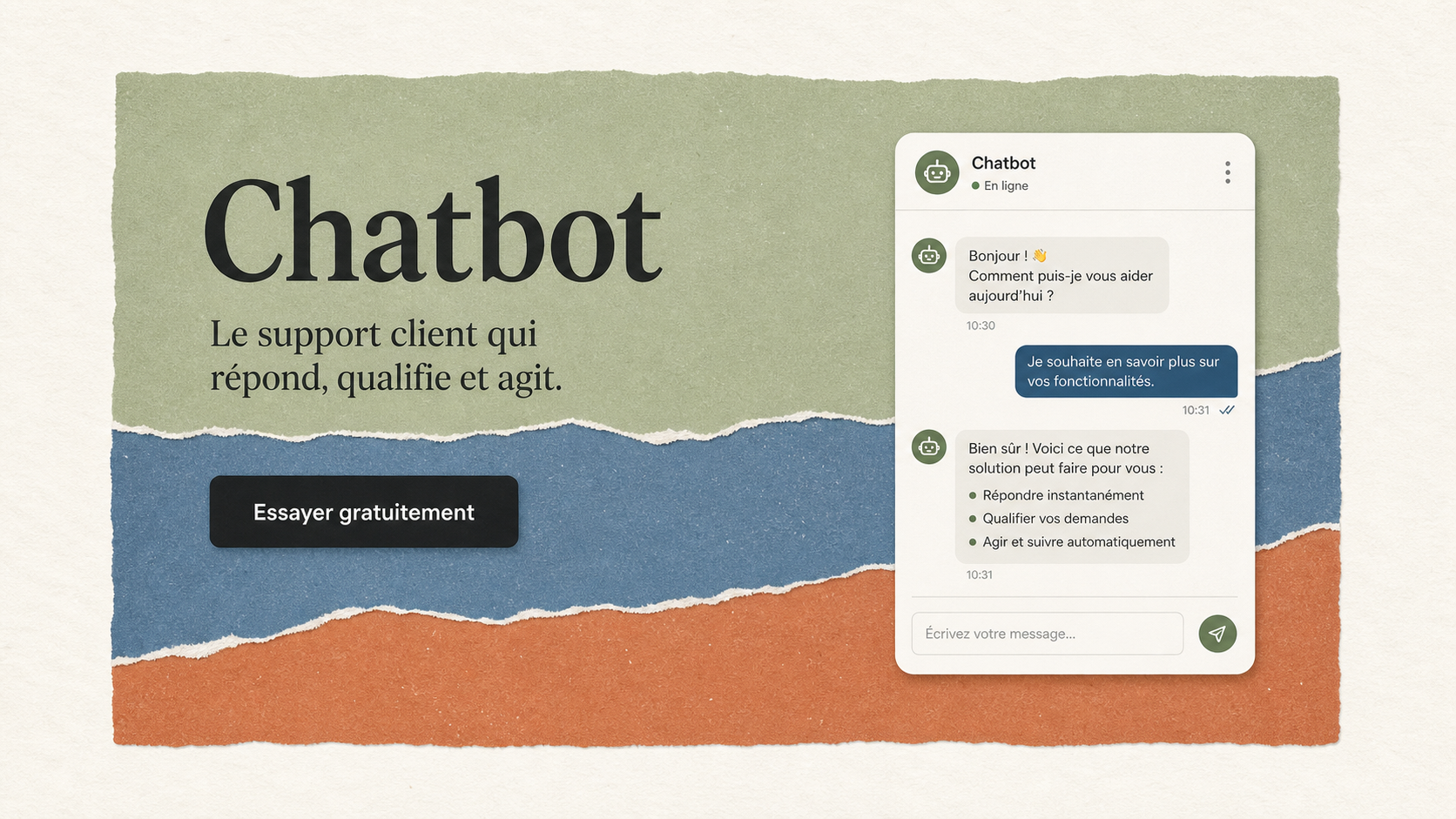 06 · Light torn paper chat AI-generated light Chatbot homepage mockup with torn paper color bands and right-side chat demo