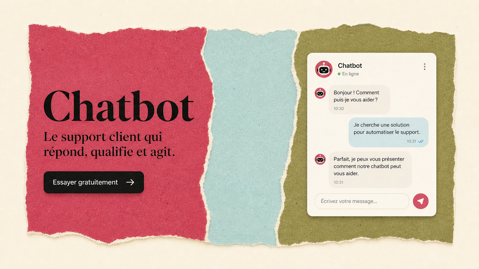 07 · Light torn paper chat AI-generated light Chatbot homepage mockup with torn paper color bands and right-side chat demo