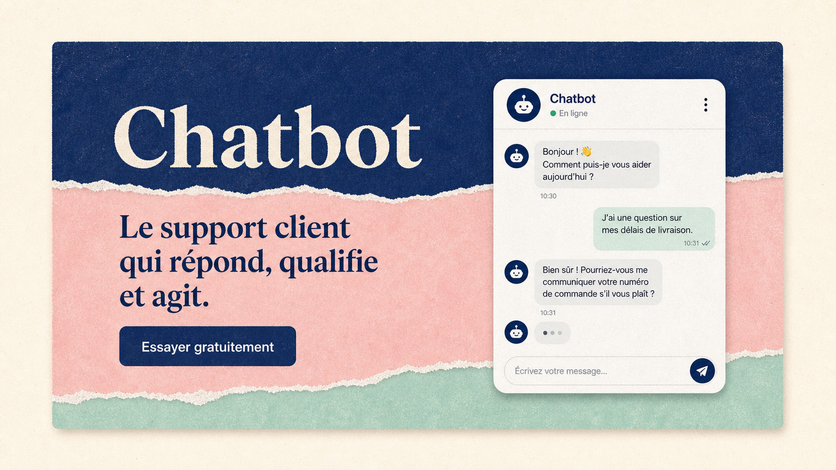08 · Light torn paper chat AI-generated light Chatbot homepage mockup with torn paper color bands and right-side chat demo