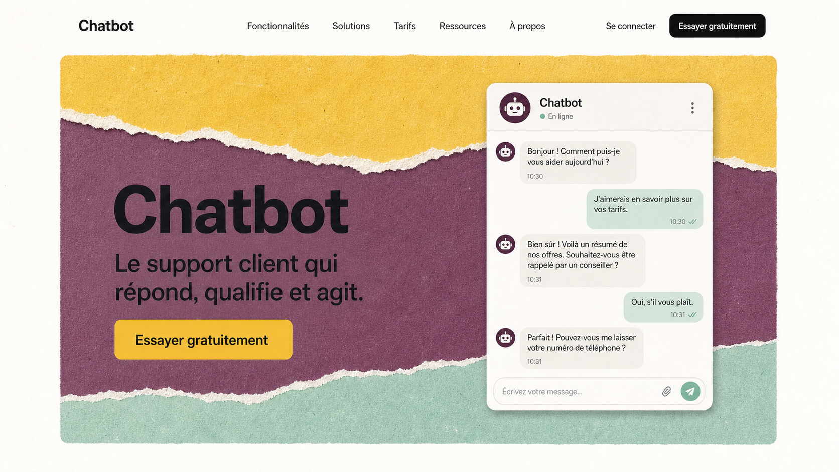 09 · Light torn paper chat AI-generated light Chatbot homepage mockup with torn paper color bands and right-side chat demo