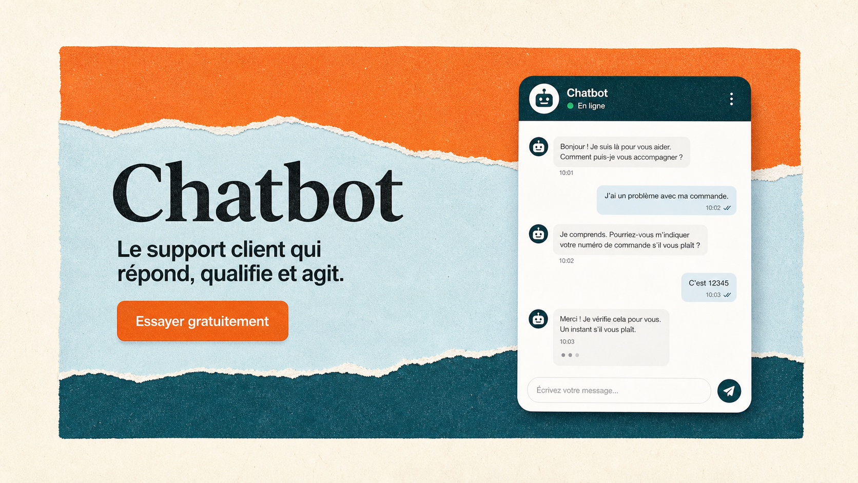 10 · Light torn paper chat AI-generated light Chatbot homepage mockup with torn paper color bands and right-side chat demo