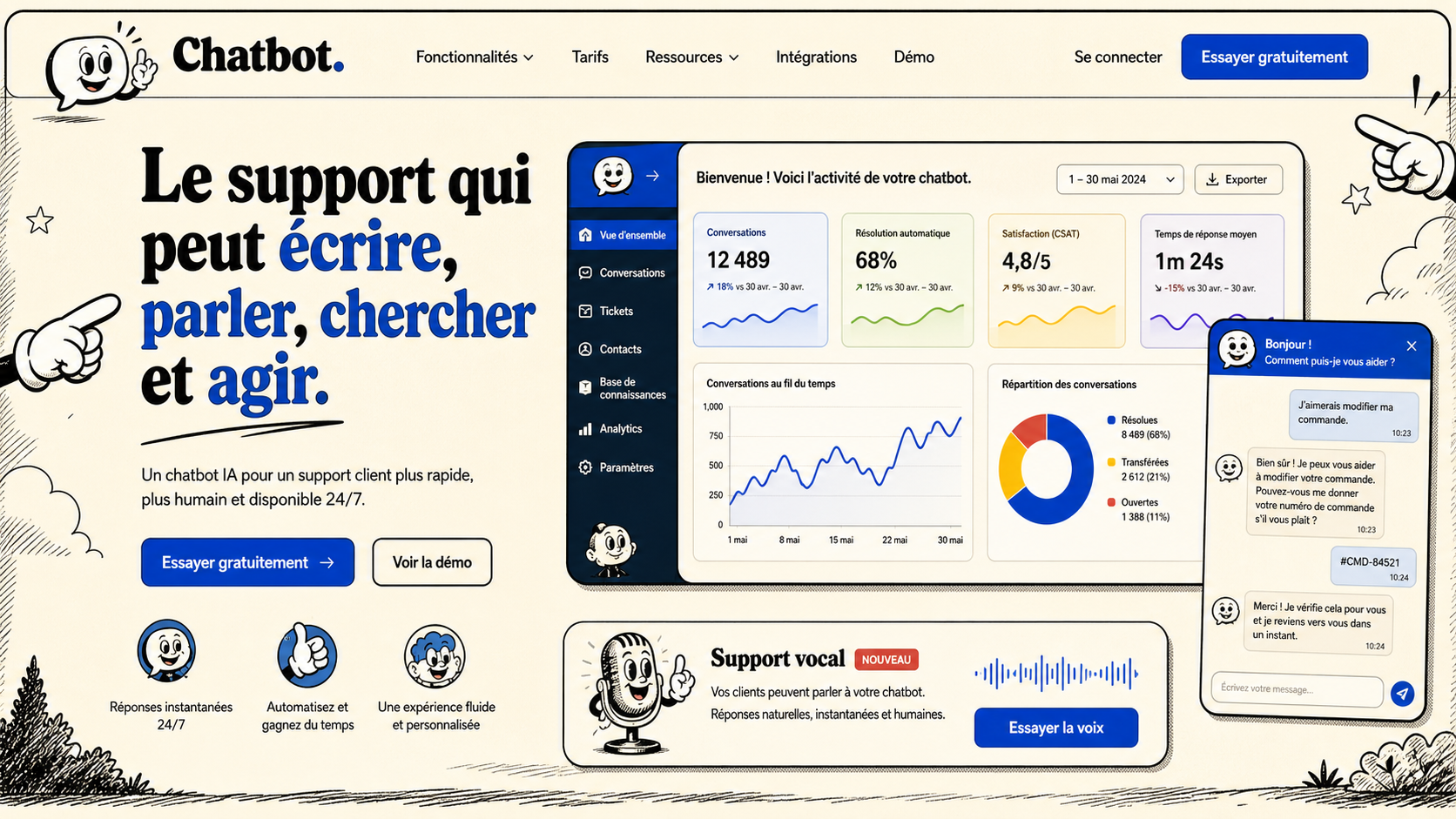 01 · Rubber hose home AI-generated Chatbot homepage mockup with vintage hand-drawn cartoon theme
