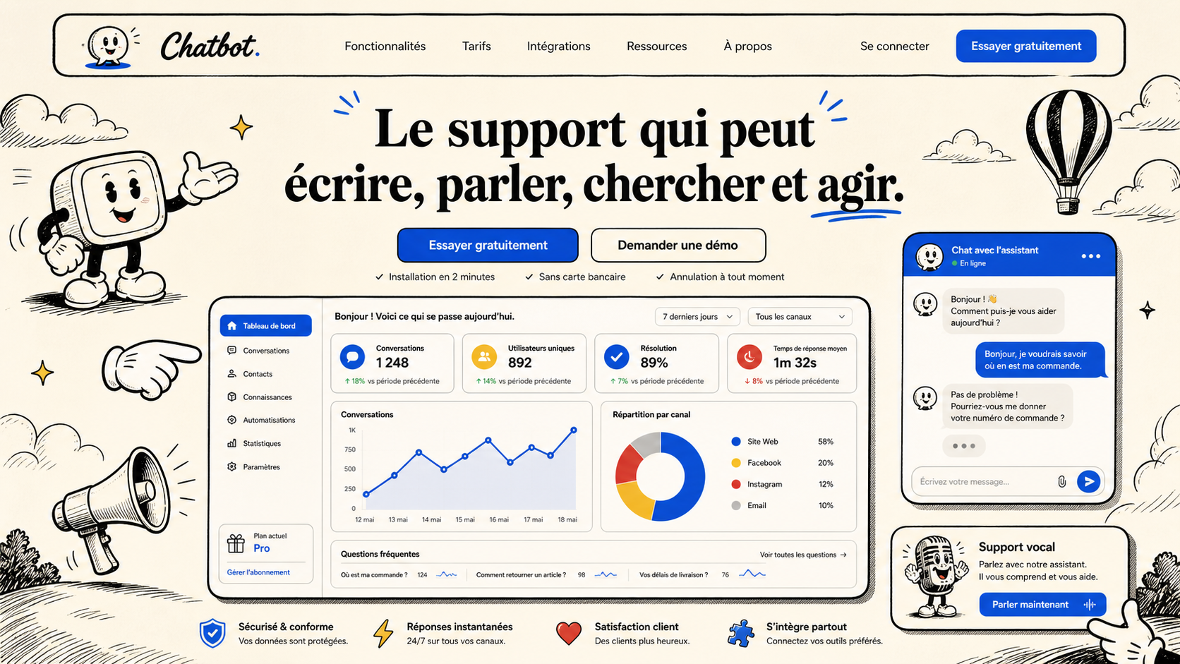 02 · Rubber hose home AI-generated Chatbot homepage mockup with vintage hand-drawn cartoon theme