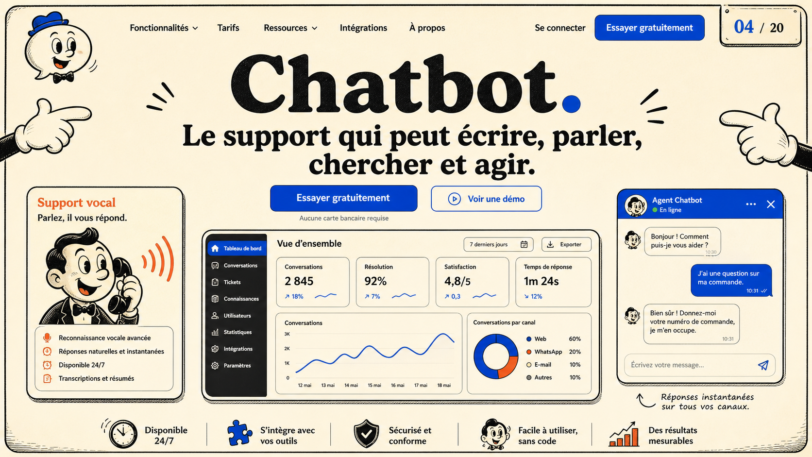04 · Rubber hose home AI-generated Chatbot homepage mockup with vintage hand-drawn cartoon theme