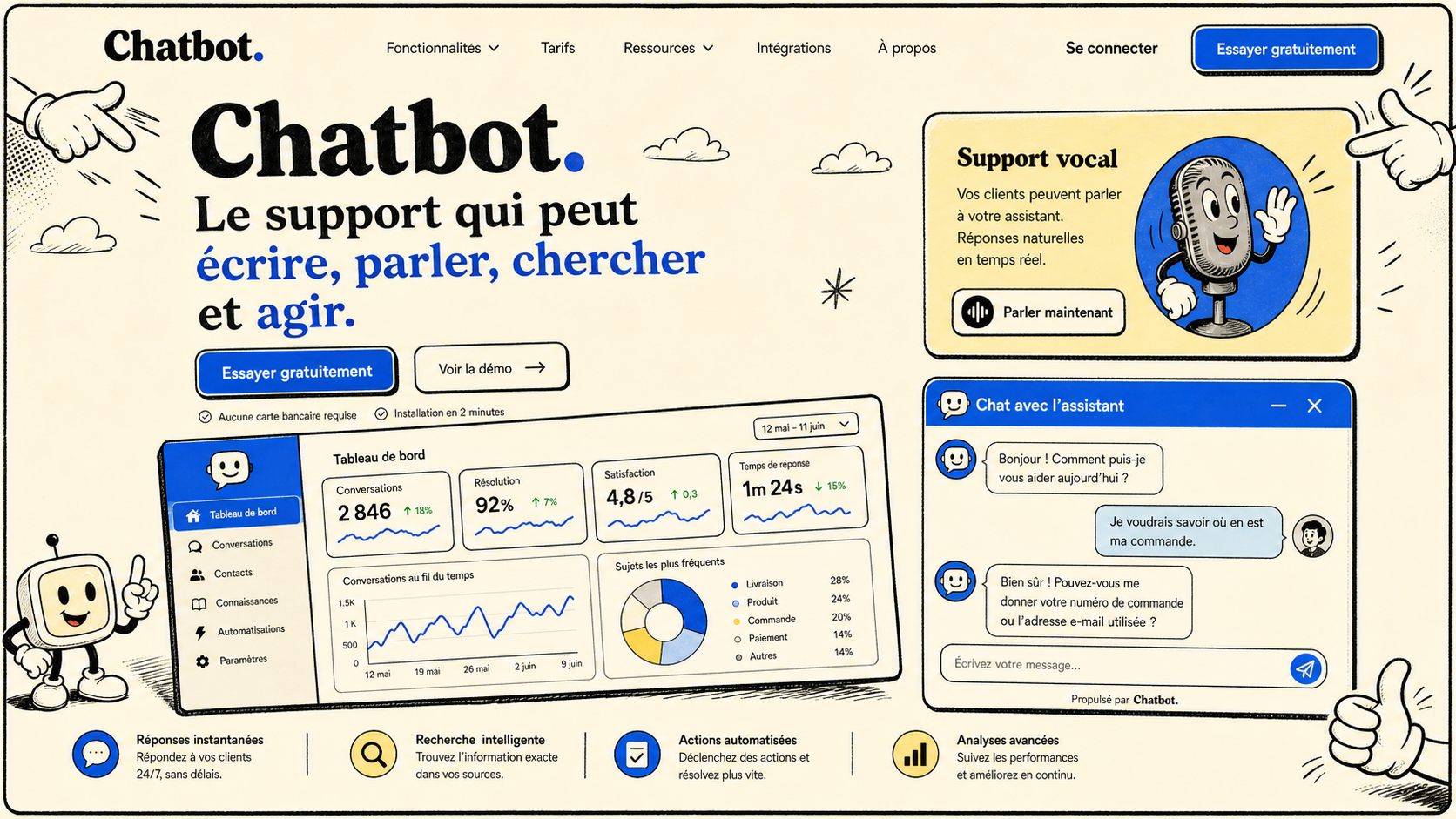 06 · Rubber hose home AI-generated Chatbot homepage mockup with vintage hand-drawn cartoon theme
