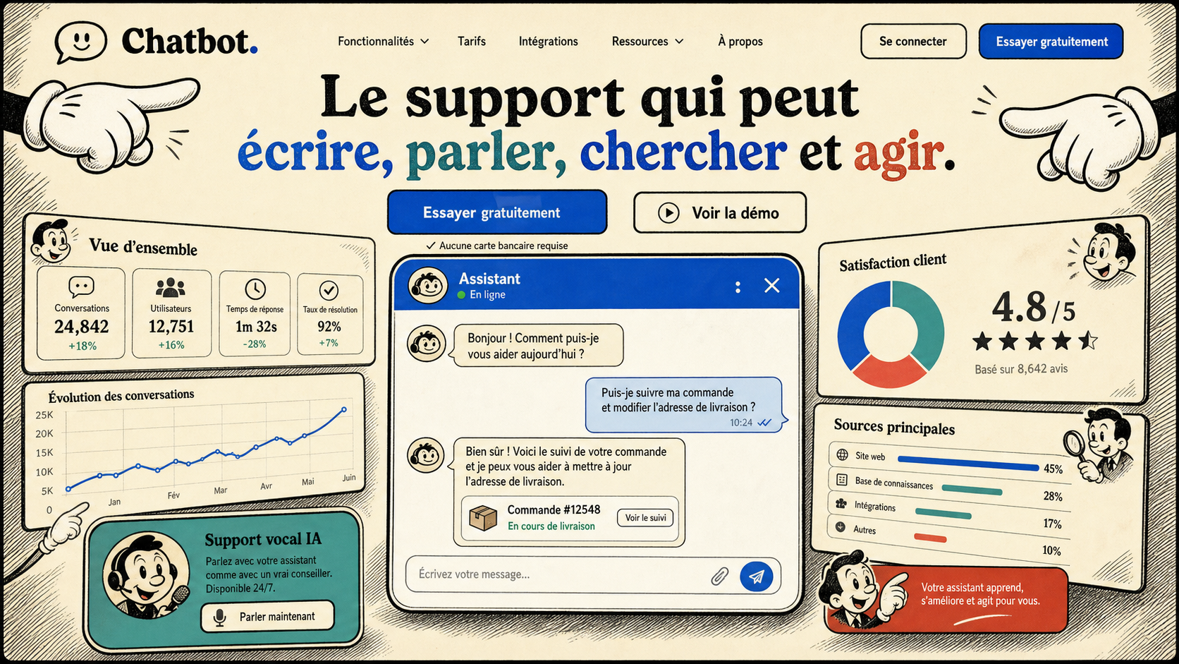 07 · Rubber hose home AI-generated Chatbot homepage mockup with vintage hand-drawn cartoon theme