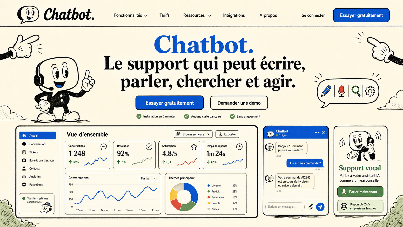 08 · Rubber hose home AI-generated Chatbot homepage mockup with vintage hand-drawn cartoon theme
