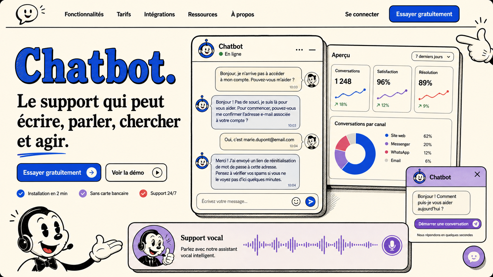 11 · Rubber hose home AI-generated Chatbot homepage mockup with vintage hand-drawn cartoon theme