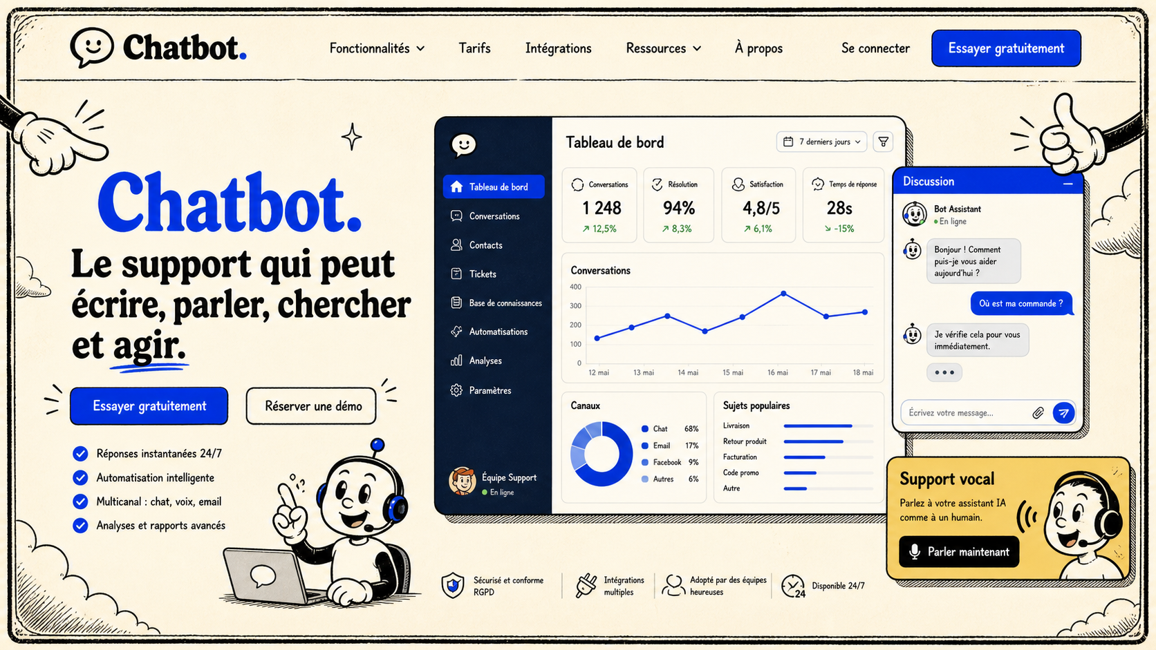 13 · Rubber hose home AI-generated Chatbot homepage mockup with vintage hand-drawn cartoon theme
