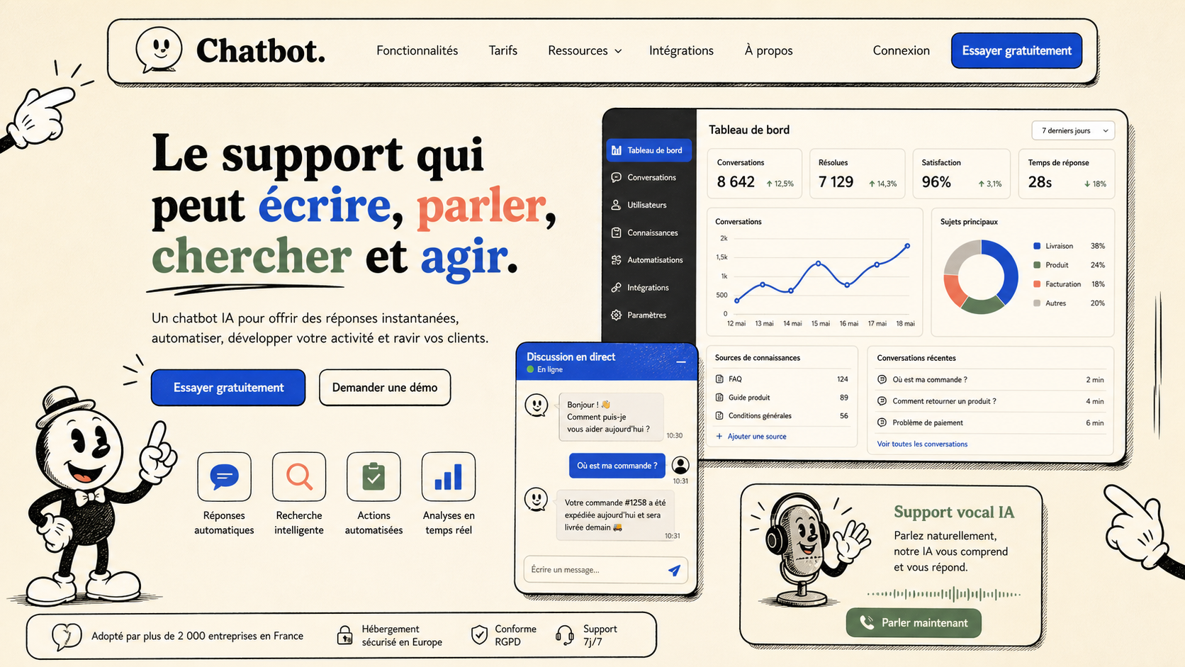 14 · Rubber hose home AI-generated Chatbot homepage mockup with vintage hand-drawn cartoon theme