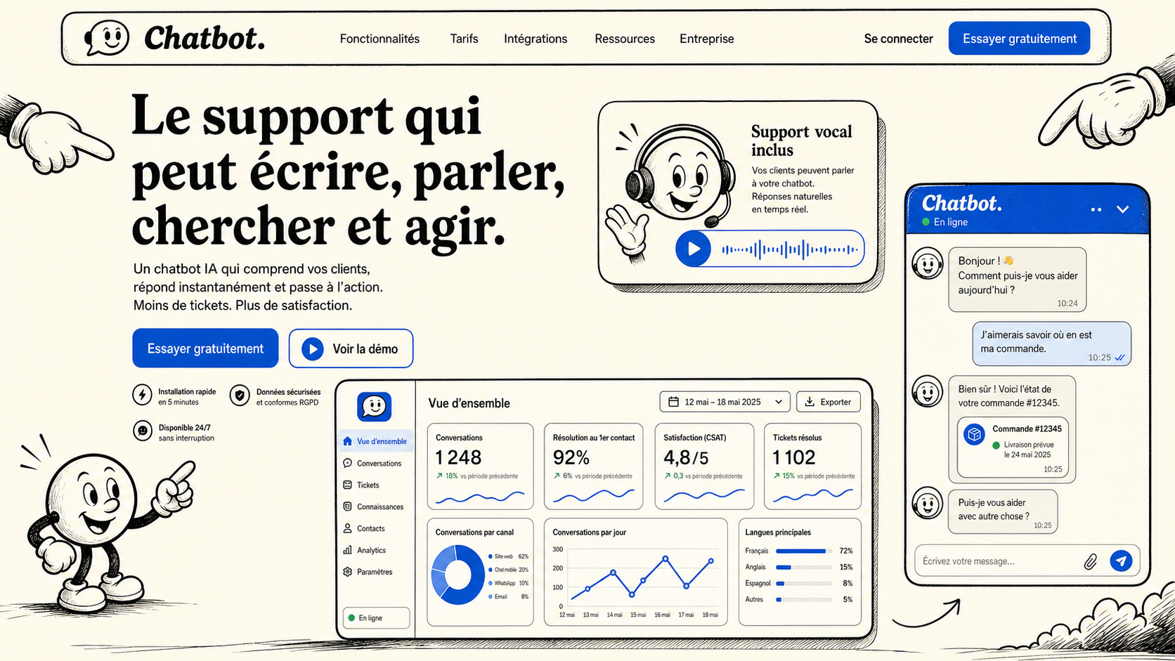 18 · Rubber hose home AI-generated Chatbot homepage mockup with vintage hand-drawn cartoon theme
