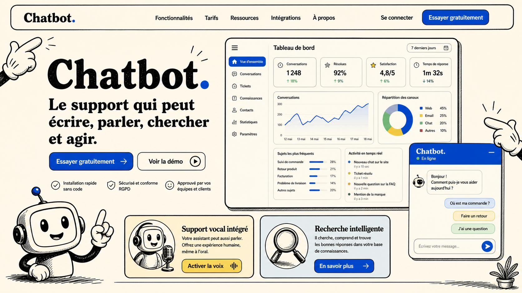 20 · Rubber hose home AI-generated Chatbot homepage mockup with vintage hand-drawn cartoon theme
